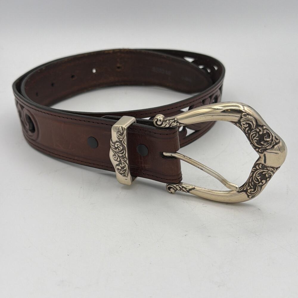 Vintage Y2K Brighton Brown Wide Cutout Leather Western Silver Buckle Belt Med 32